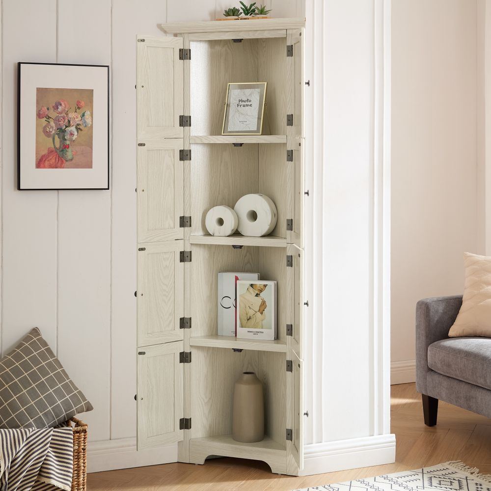 WGYPRIME 72" Tall Corner Cabinet with 8 Doors, Kitchen Pantry Storage Cabinet with Adjustable Shelves, Farmhouse Bookshelf Cabinet for Bathroom, Living room, Kitchen