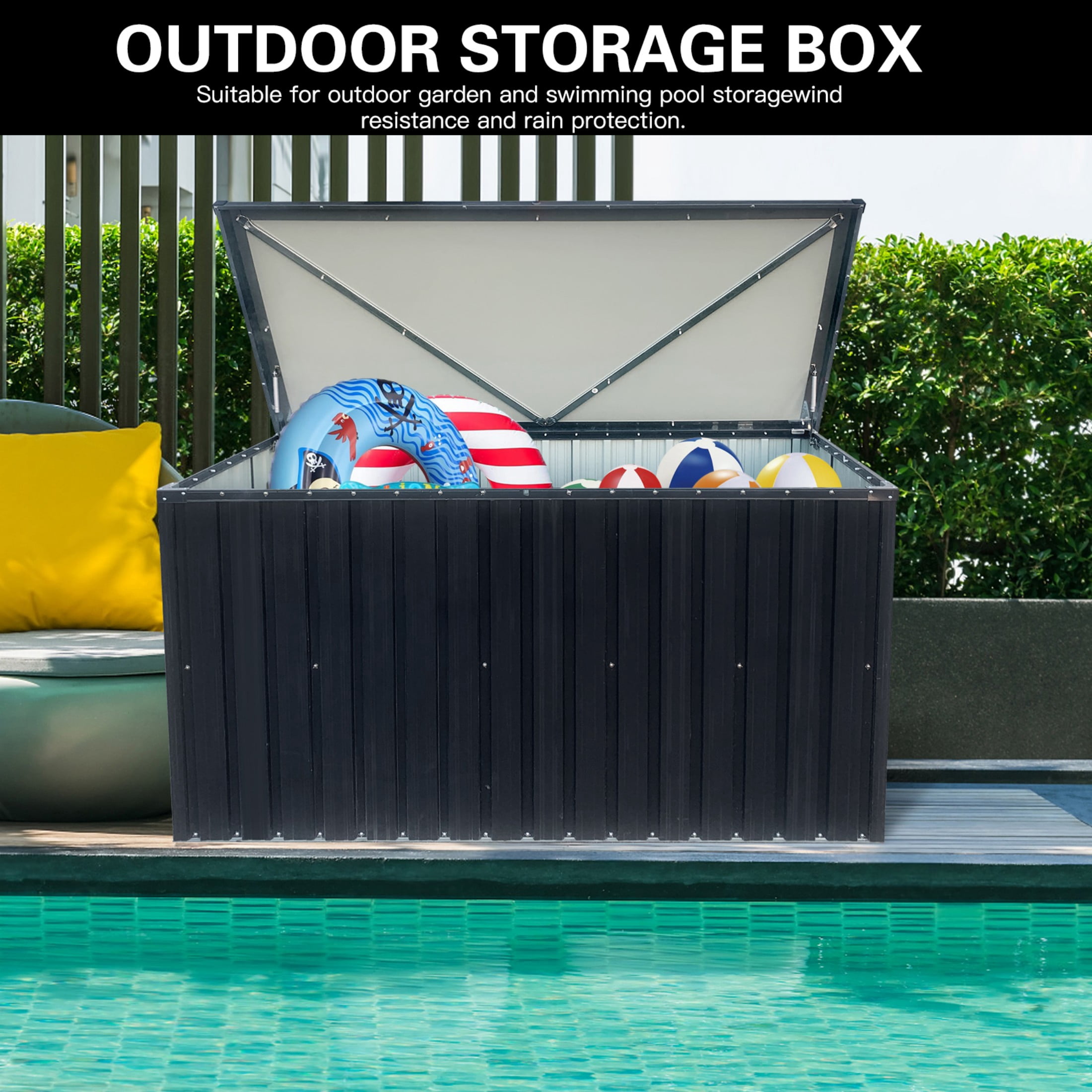 Alvantor Outdoor Storage Box - Weatherproof Metal Deck Box for Patio Cushions Garden Tools, Medium Black
