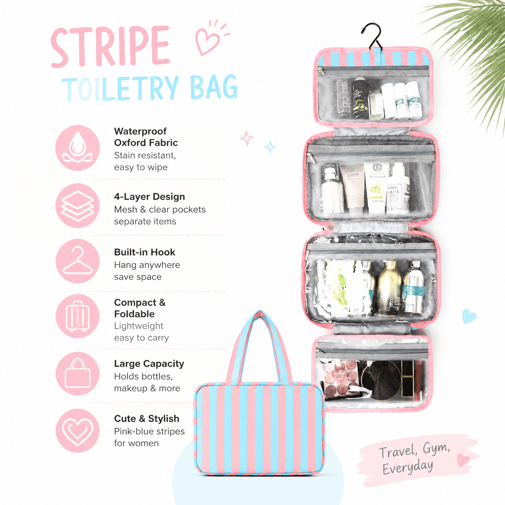 Blue Pink Foldable Hook Toiletry Storage Bag, Waterproof Multi Compartment Handheld Skincare And Makeup Bag
