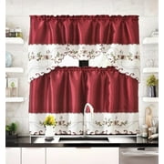 Set of 3 Pieces Kitchen Window Curtain Luxury Embroidery Floral Multicolor Set 2 Tier + 1 Swag Valance for Kitchen Bathroom Dcor Rod Pocket Top (BR31 -Cup Coffee)