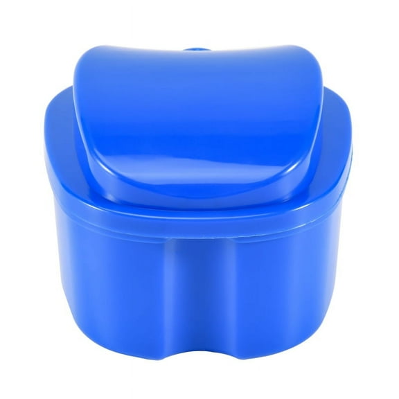 Dark Blue Denture Case, Denture Cup with Strainer, Denture Bath Box False Teeth Storage Box with Basket Net Container Holder for Travel