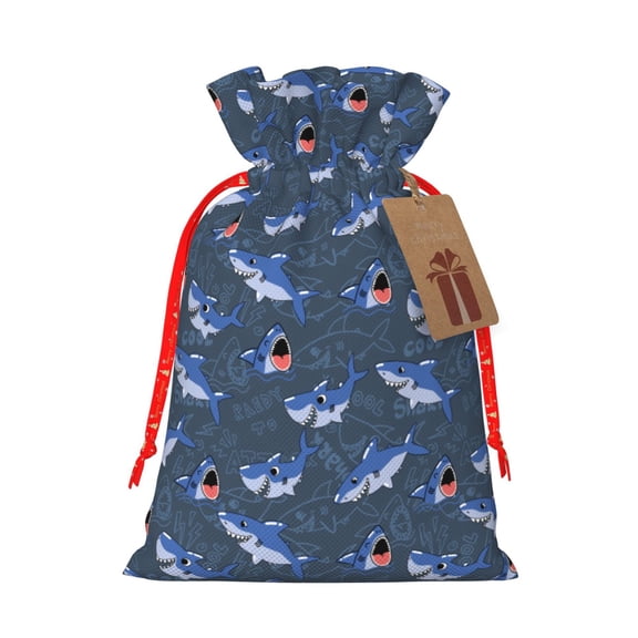 Fuzoiu Cartoon Shark Print Christmas Gift Bag,Burlap Gift Bag with Drawstring Closure & Hang Tag,Perfect for Holidays, Birthdays, and Special Occasions-Small