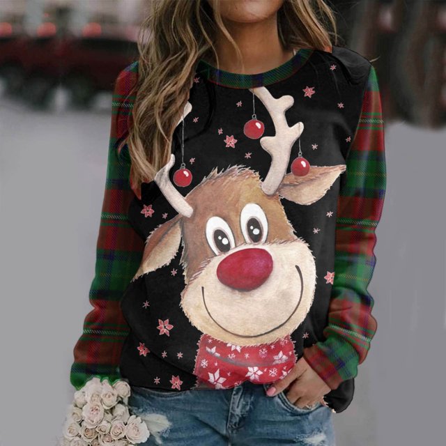 Pntutb Navidad moda mujer Casual manga larga cuello redondo Plaid impreso señoras sudadera tops blusa Pntutb Pntutb-4763