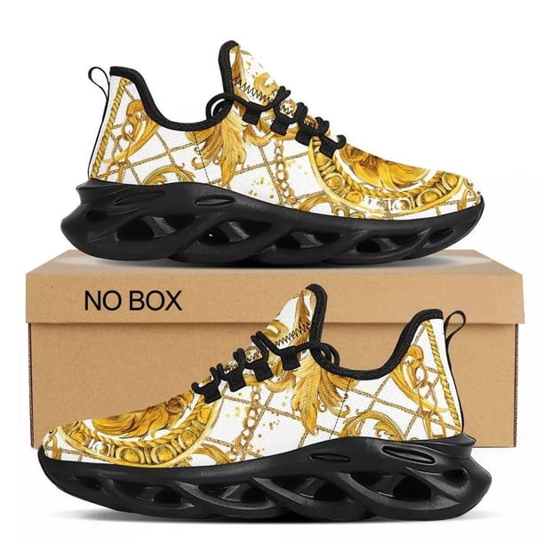 Zapatillas deportivas negras de lujo con estampado floral dorado para mujer, suaves, para exteriores, con plataforma, informales, planas y para vacaciones, envío directo