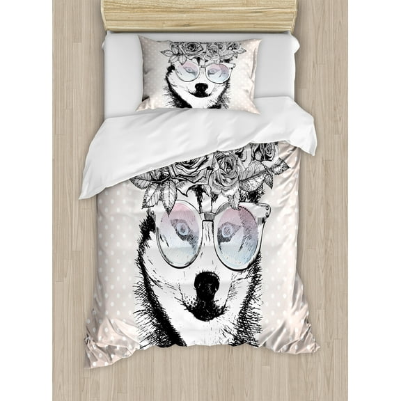 Alaskan Malamute Duvet Cover Set, Vintage Polka Dots Dog Wearing Floral Wreath and Sunglasses, Decorative 2 Piece Bedding Set with 1 Pillow Shams, Twin Size, Warm Taupe Black White, by Ambesonne