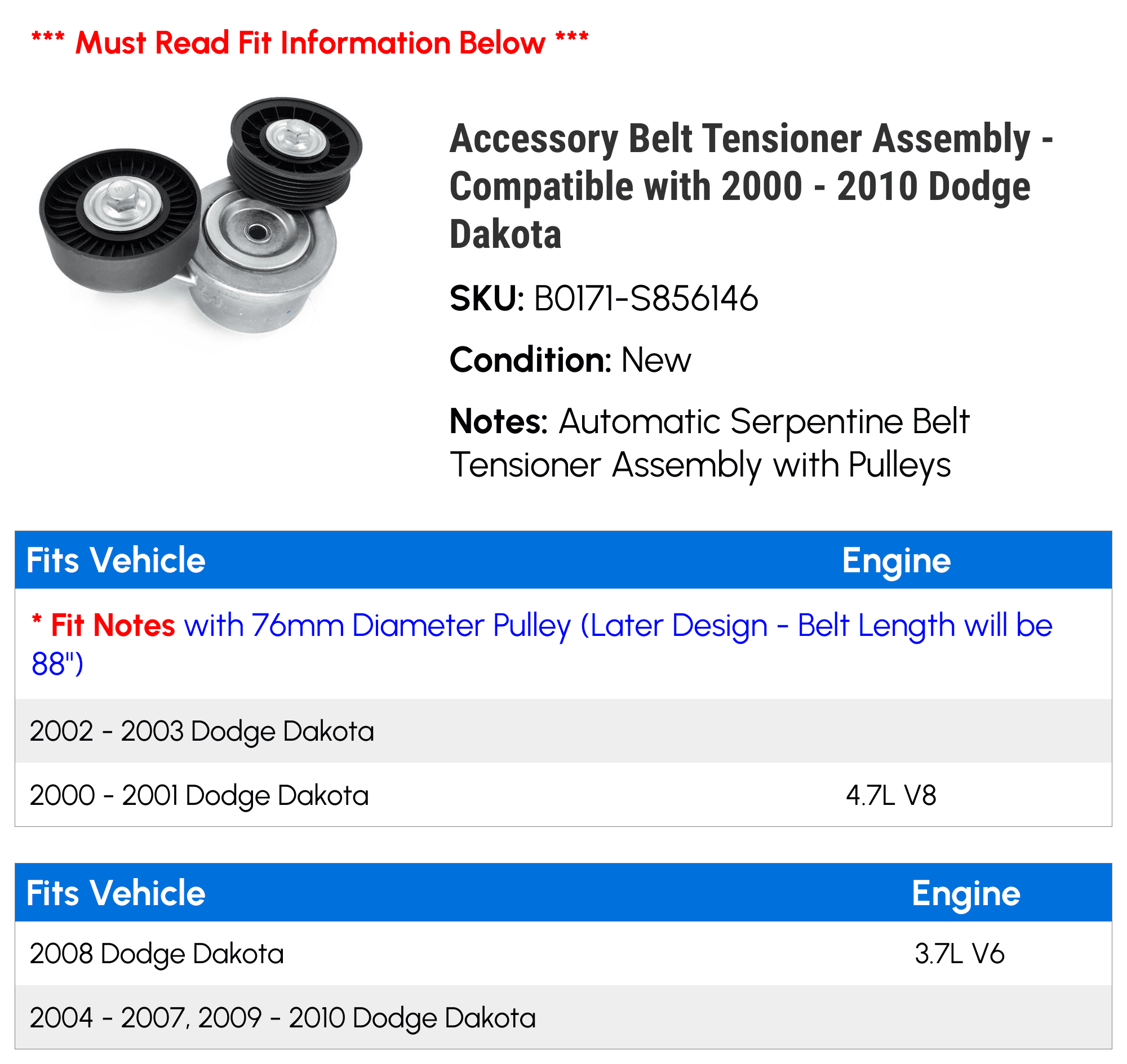 Accessory Belt Tensioner Assembly - Compatible with 2000 - 2010 Dodge Dakota 2001 2002 2003 2004 2005 2006 2007 2008 2009