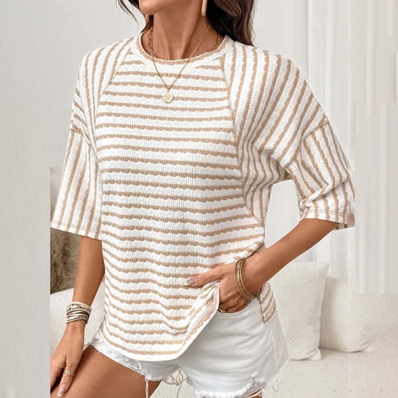 Womens Tops Crew Neck 3/4 Length Sleeve T-Shirts for Women Striped Printed Splice Pullover Fall Tees Gifts for Mom