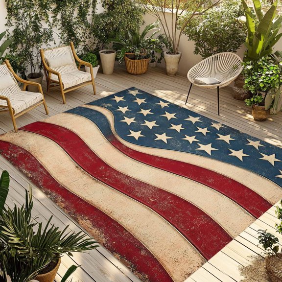 Fsddascl Vintage American Flag Outdoor Rug for Patio/Deck/Porch, Non-Slip Large Area Rug 5 x 8 Ft, Blue Red White Star US Flag Indoor Outdoor Rugs Washable Area Rugs, Reversible Camping Rug Carpet