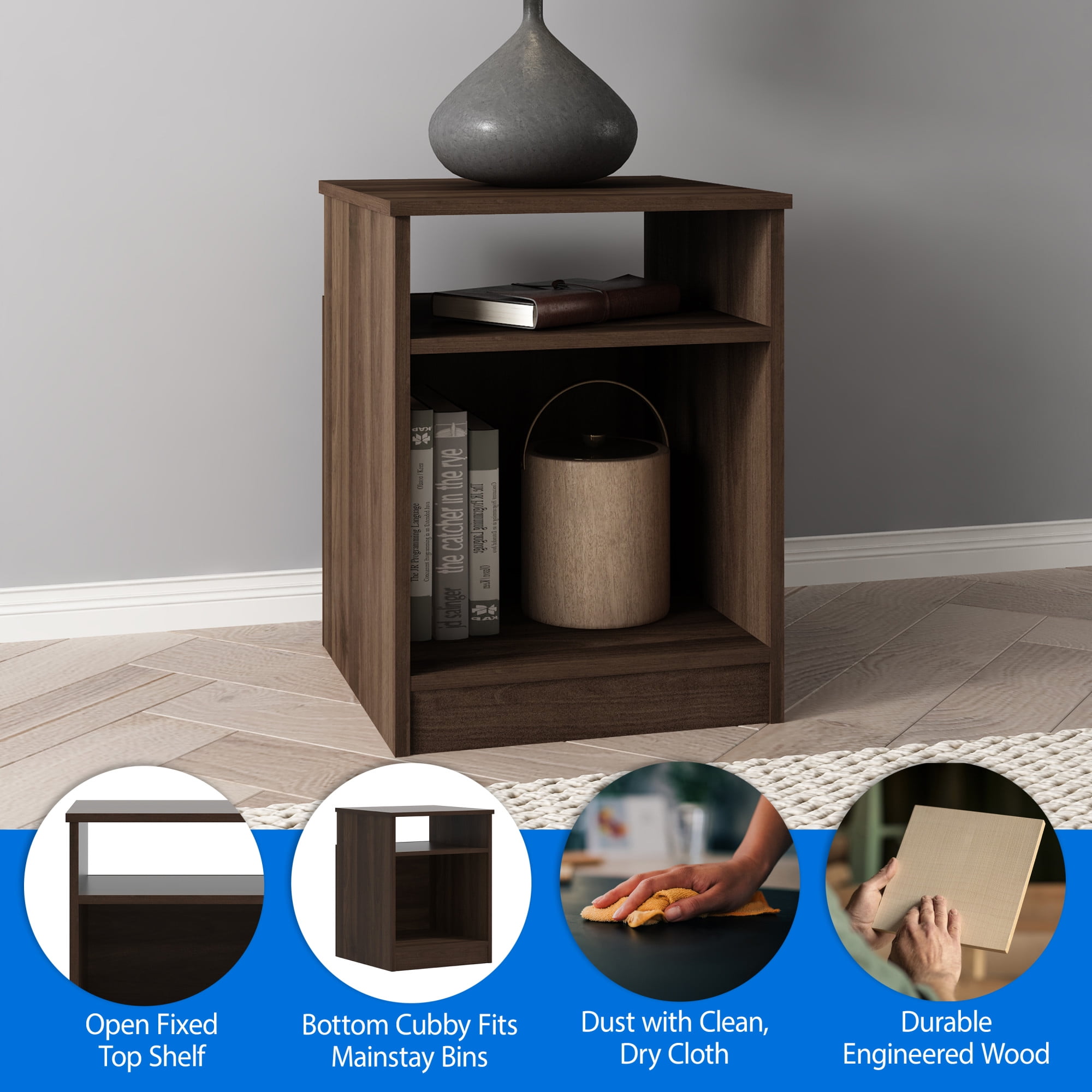 Mainstays Ardent Open Shelf Nightstand, Dark Walnut