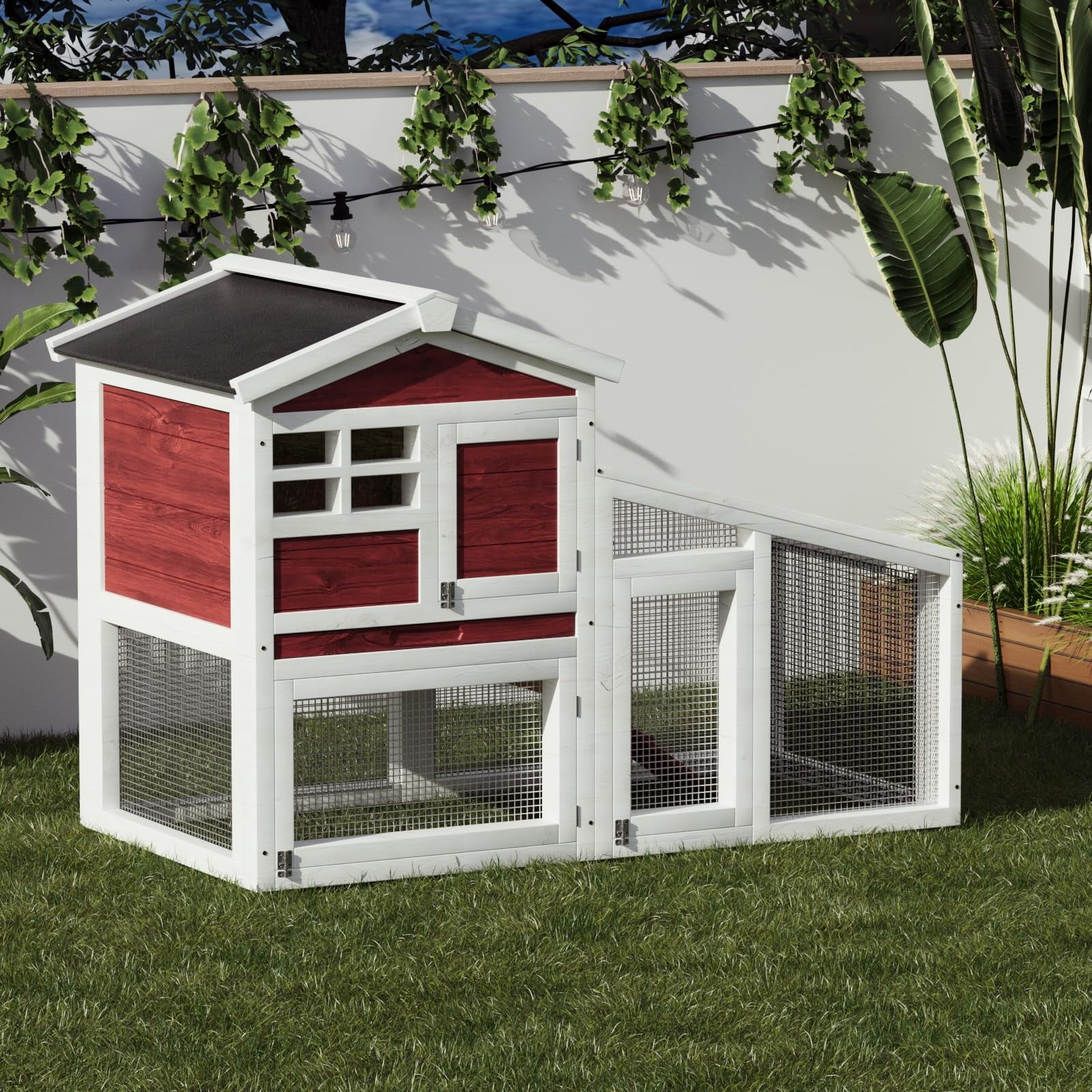 Acekid Double Layer Wooden Rabbit Hutch with Run & Removable Tray, Indoor/Outdoor Pet House, White