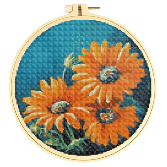 Easy Cross Stitch Kits for Starter Kits Daisies DIY 11CT Pre-printed Patterns Embroidery Needlepoint Cross Stitching Needlework Kit Set Supplies with Hoop 38x38cm