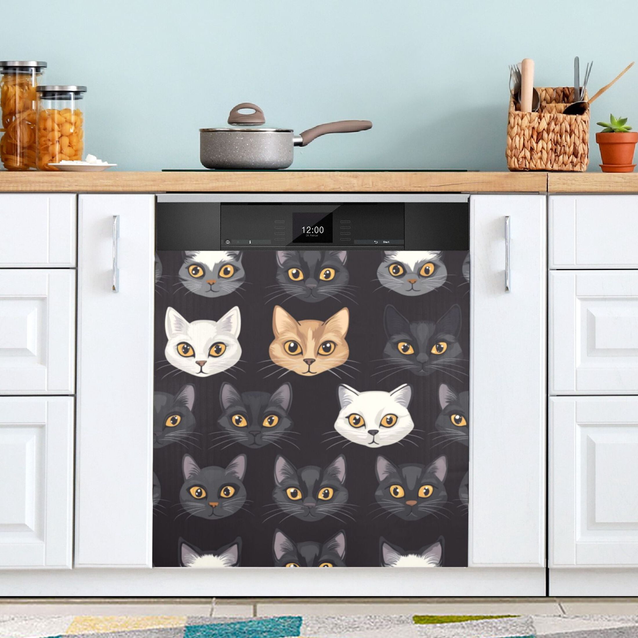 Dishwasher Magnetic Sticker 23x26 Inch Refrigerator Magnetic Sticker Washing Machine Magnetic Sticker Kitchen Panel Magnetic Sticker Home Decor Black Cartoon Cat Face