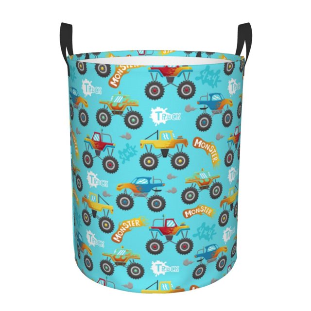 Balery Cartoon Monster Truck Cesta de ropa redonda con asas, impermeable, independiente, para ropa, juguetes, dormitorio y familia-Small