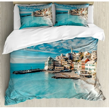Italy Duvet Cover Set King Size, Panorama of Old Italian Fishing Village Beach in Old Province Coastal Charm Image, Decorative 3 Piece Bedding Set with 2 Pillow Shams, Turquoise, by Ambesonne