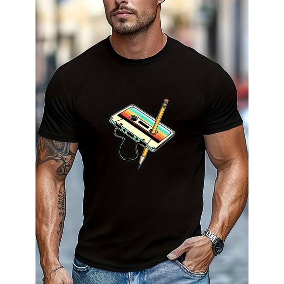 Men's Casual Short-Sleeve T-Shirt with 80s Cassette Tape Print - Regular Fit, Summer Comfort for Casual Attire and Casual Outings