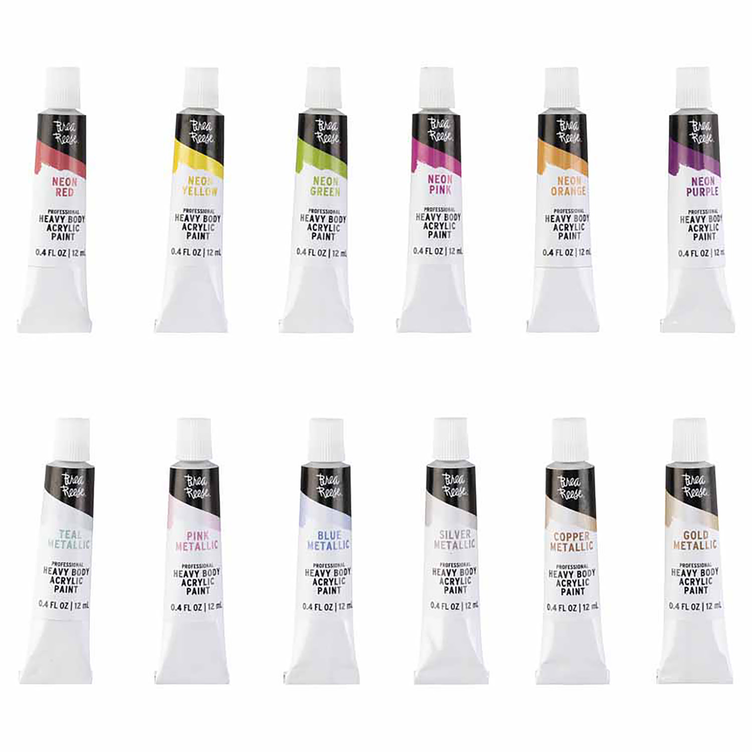 Brea Reese: Professional Heavy Body Acrylic Paint Set - Neon & Metallic Colors - 12 Tubes - Bold Pigments, Water-Based & Non-Toxic, Adult Art Supplies