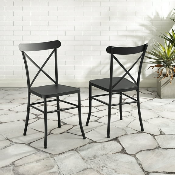 Metal Dining Chairs 2-Piece Set - Indoor Outdoor Industrial Style - Black Finish - Sturdy Cross Back Design