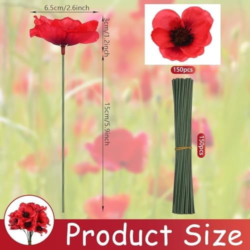 Set of 150 Red Poppy Artificial Flowers Fake Flowers Poppies Head Fake Wildflowers with 6 Inch Flower Branch for Memorial Veterans Day Remembrance Sunday Bouquet Corsages Home Kitchen Decor$$