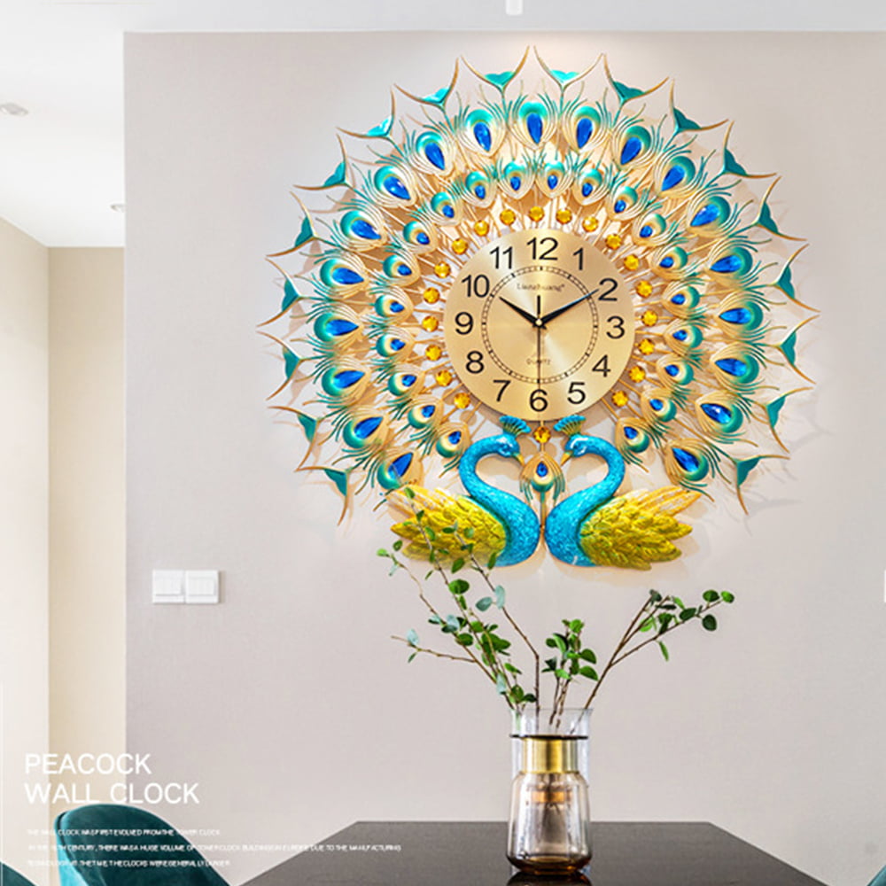 AUGIENB Modern Wall Clock Digital Luxury 3D Crystal Quartz Peacock Art Decor 