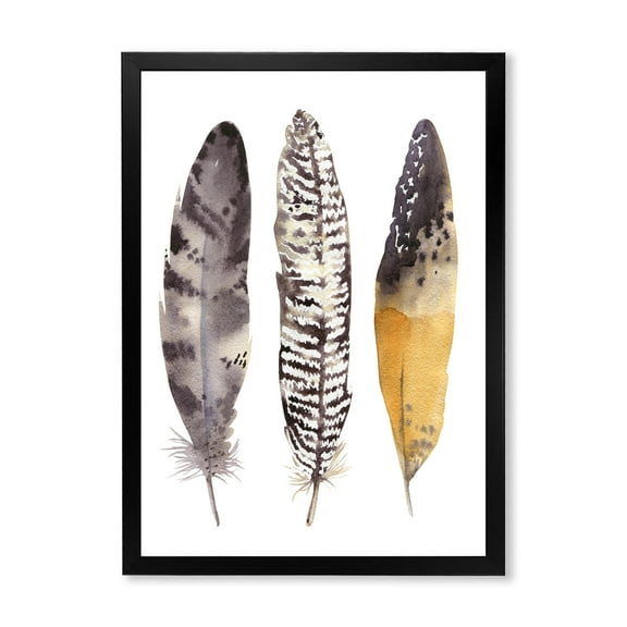 Designart 'Boho Ethnic Art Dark Gray Feathers III' Bohemian & Eclectic Framed Art Print