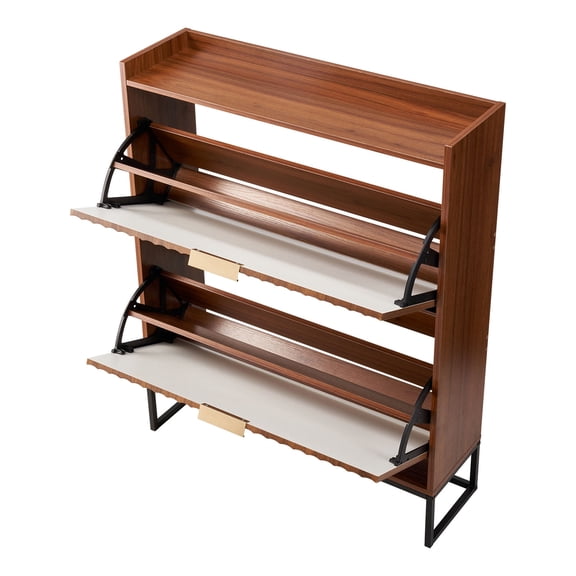 KFFKFF Freestanding Shoe Cabinet with Dual Flip Drawers, Mid-Century Style Storage Unit with Anti-Tipping Design, Fluted Organizer for Shoes, Perfect for Entryway, Hallway, Bedroom, or Living Room