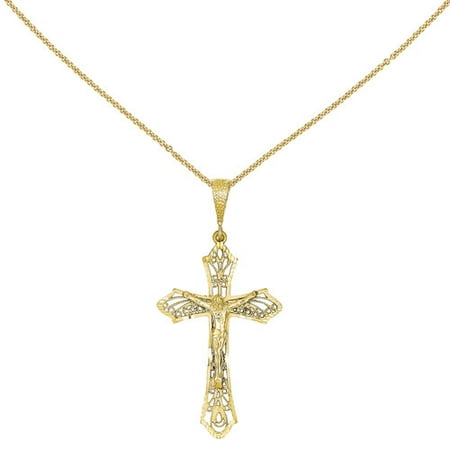 14kt Yellow Gold Satin and Diamond-Cut Crucifix Pendant