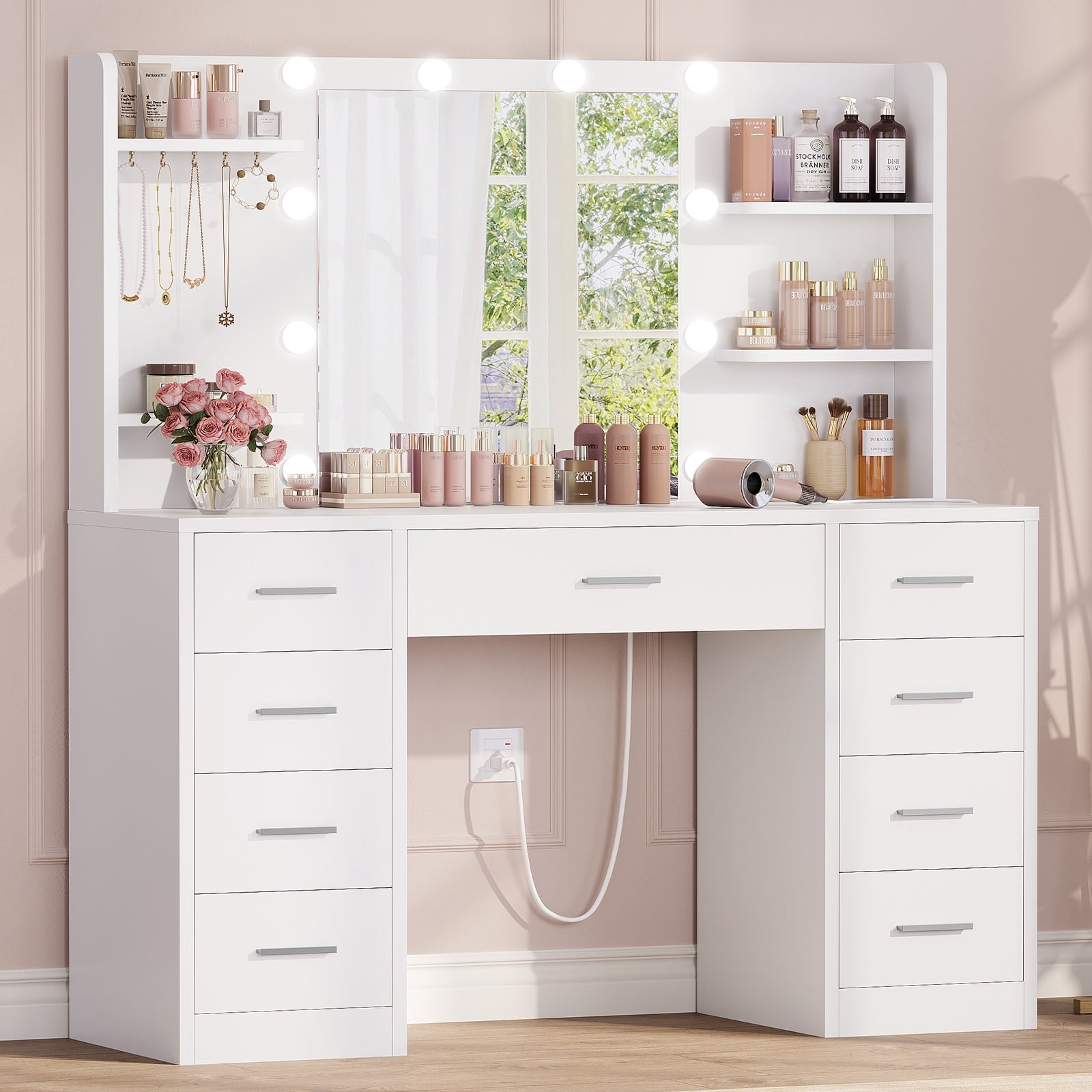 TEENFON Large Vanity Set with Mirror & Power Outlet, Makeup Vanity Desk with 9 Drawers,4 Shelves and 5 Hooks,Vanity Table for Bedroom, White