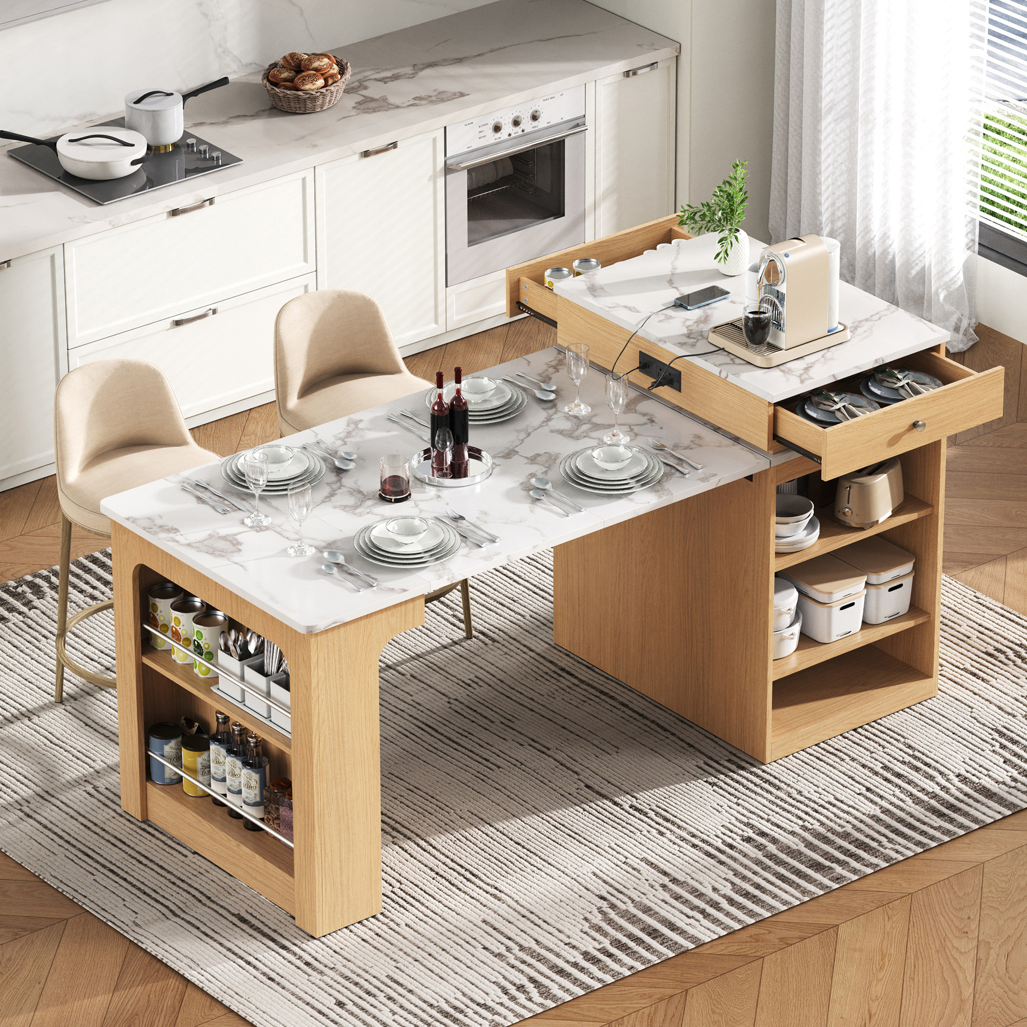 MODERNLUXE 59.5" Kitchen Island with Extendable Dining Table,Large Mobile Kitchen Storage Table with Double-sided Storage,2 Drawers, Open Shelves & Power Outlet,Rolling Islands Cart for Dining Room