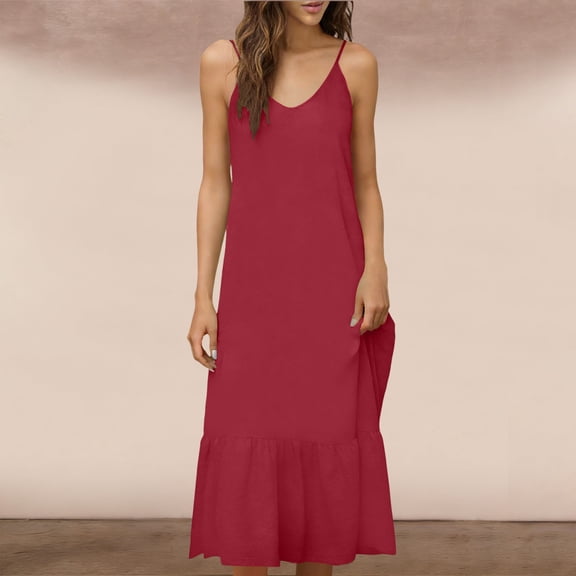 Aimik Women's Spaghetti Strap V Neck Maxi Dress Summer Cotton Blend Ruffle Hem Sleeveless Sundress Soft Loose Daily Dress