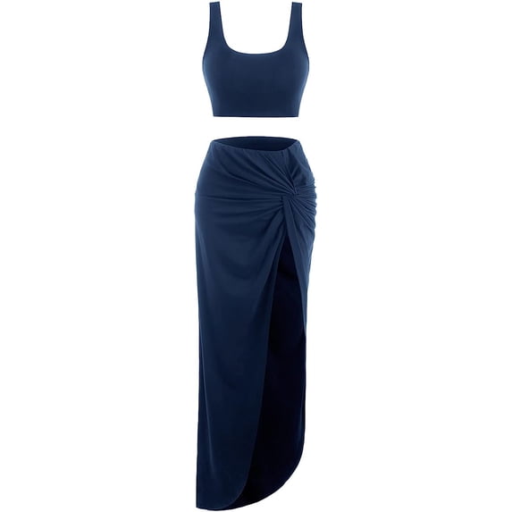 ZAFUL Women's Casual Sleeveless Summer Two Piece Outfits Crop Top And Side Split Draped Ruched Maxi Skirt Set Solid Suiting