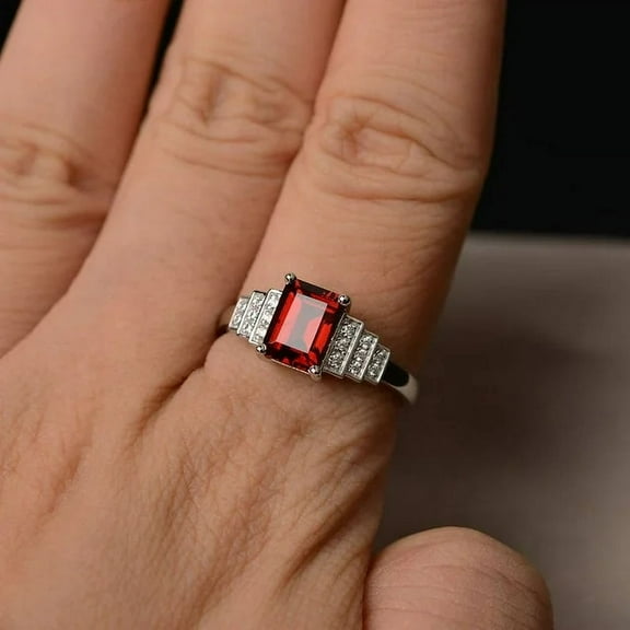 Jewelerix Emerald Cut Gemstone Red Garnet Ring Cocktail Ring Sterling Silver Ring Anniversary Gift for Women
