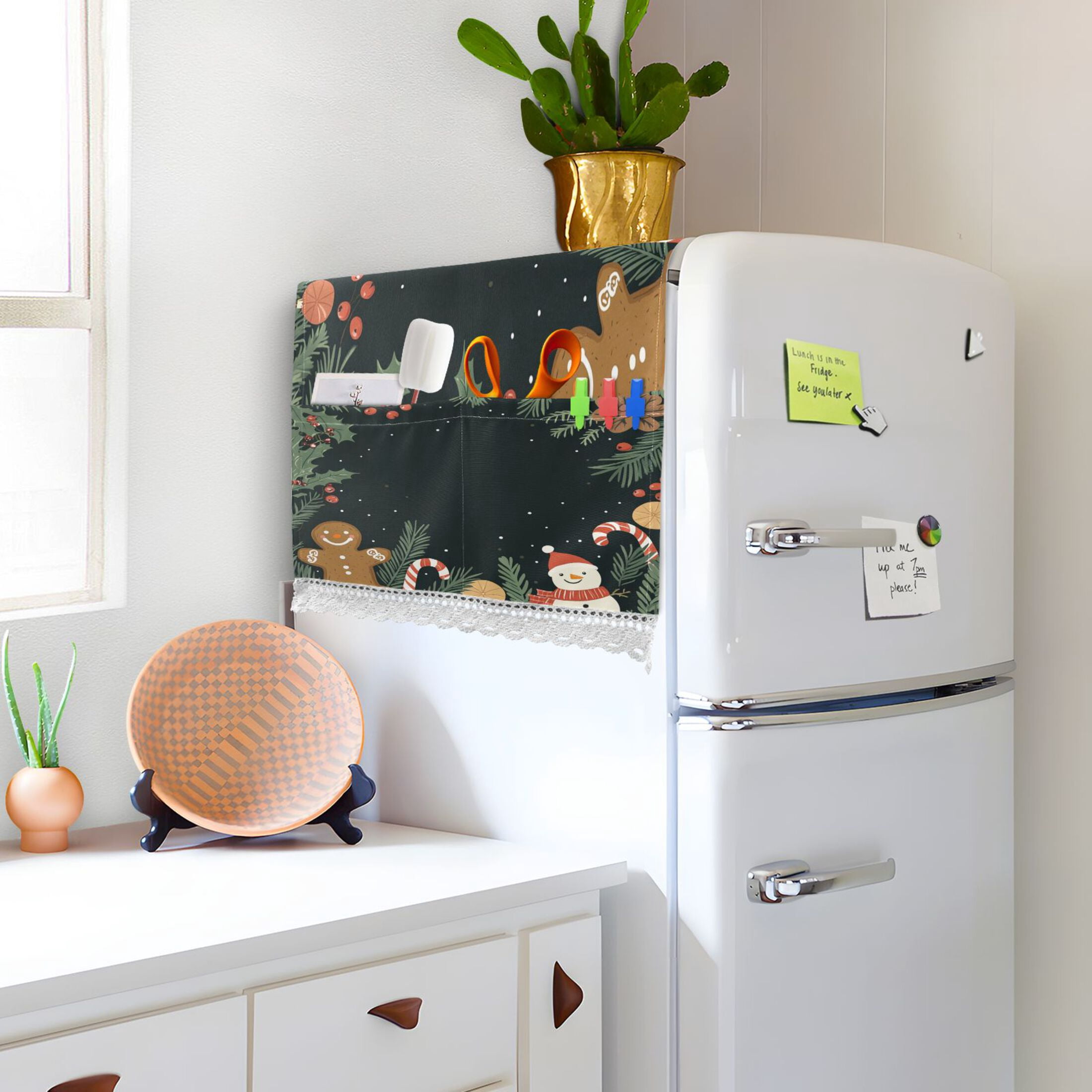 Merry ChristmasWasher and Dryer Covers Dust-Proof and Oil Resistant Fridge Cover with 4 Storage Pockets Washing Machine Top Cover for Laundry Kitchen Home 51.2 x 22 In