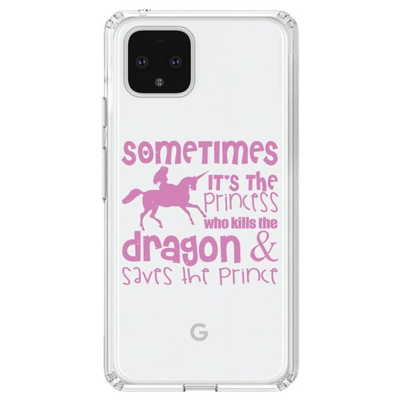DistinctInk Clear Shockproof Hybrid Case for Google Pixel 4 XL (6.3" Screen) - TPU Bumper Acrylic Back Tempered Glass Screen Protector - Sometimes It's the Princess Who Kills the Dragon