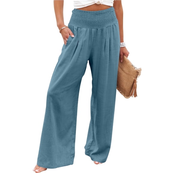 ANRABESS Women Linen Palazzo Pants Summer Boho Wide Leg High Waist Casual Lounge Pant 2026 Beach Travel Vacation Outfits Lake S