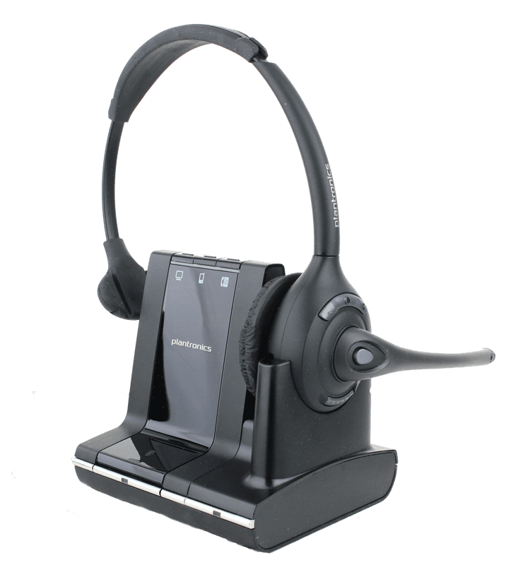 Plantronics Savi W710, mono headset. Connects to desk phone, PC and