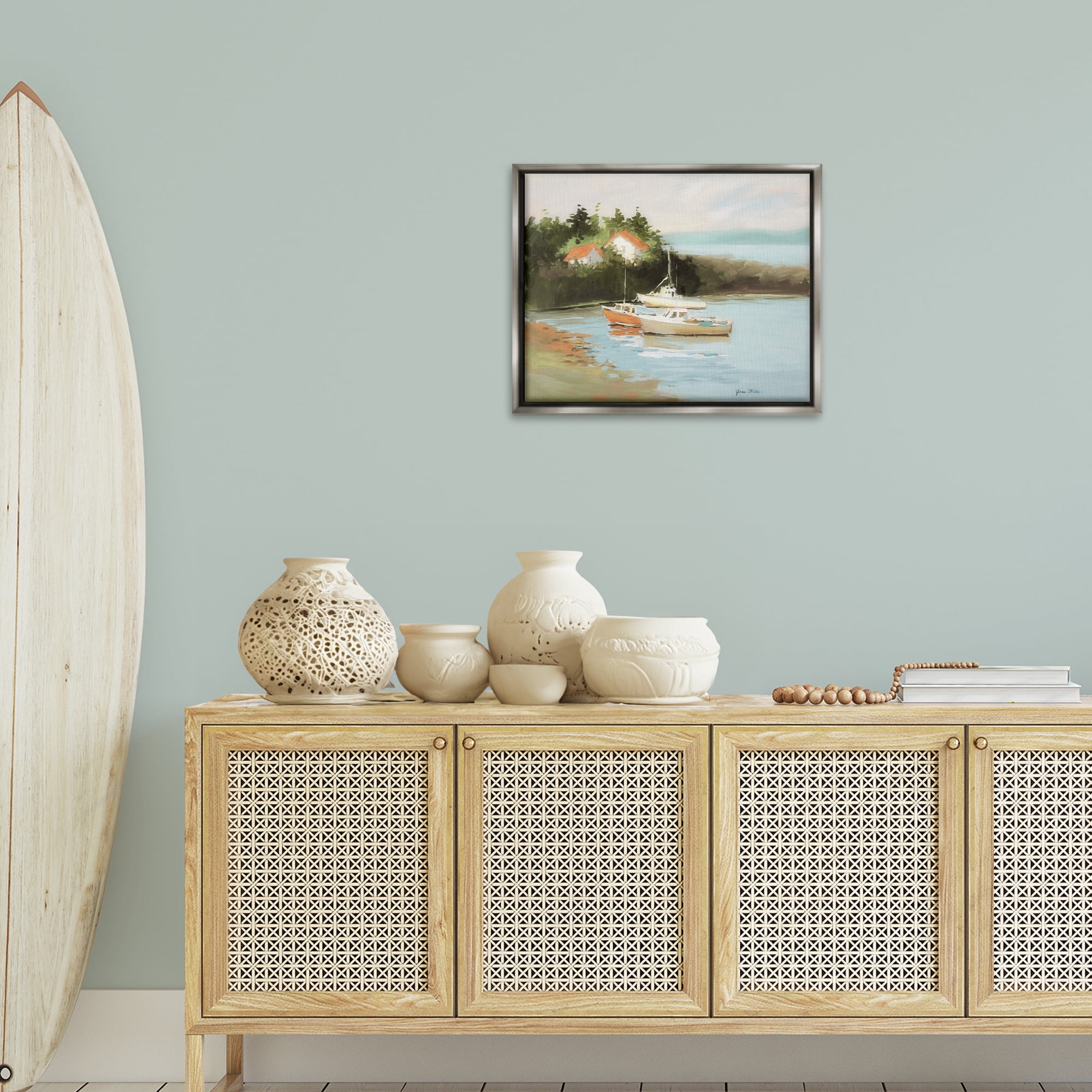 Stupell Industries Calm Boat Harbor Coastal Painting Gray Floater Framed Canvas Art Print Wall Art, 21 x 17
