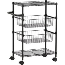 STRELECT 4-Tier Metal Rolling Cart, Storage Cart with Removable Baskets & Shelves, Utility Cart with Wheels and Handle, for Kitchen, Bathroom, Laundry Room, Black