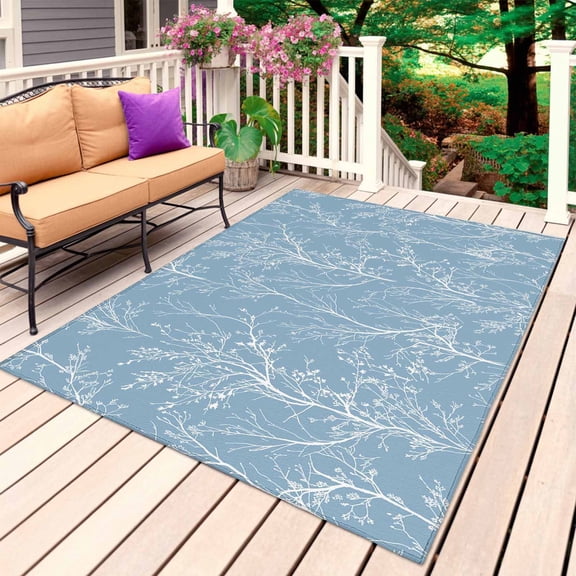 Blue Botanical Outdoor Rug for Patio/Deck/Porch, Non-Slip Large Area Rug 6 x 9 Ft, Vintage Floral Plants Branch Indoor Outdoor Rugs Washable Area Rugs, Reversible Camping Rug Carpet Runner