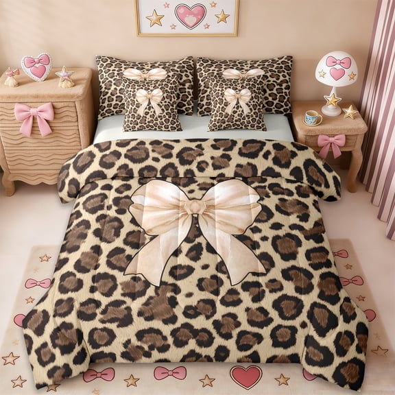 Erosebridal Chic Leopard Print 7-Piece Twin Bedding Sets,Light Brown Bowknot Print Bedding Comforter Set For Bow Lovers,Gray Reversible