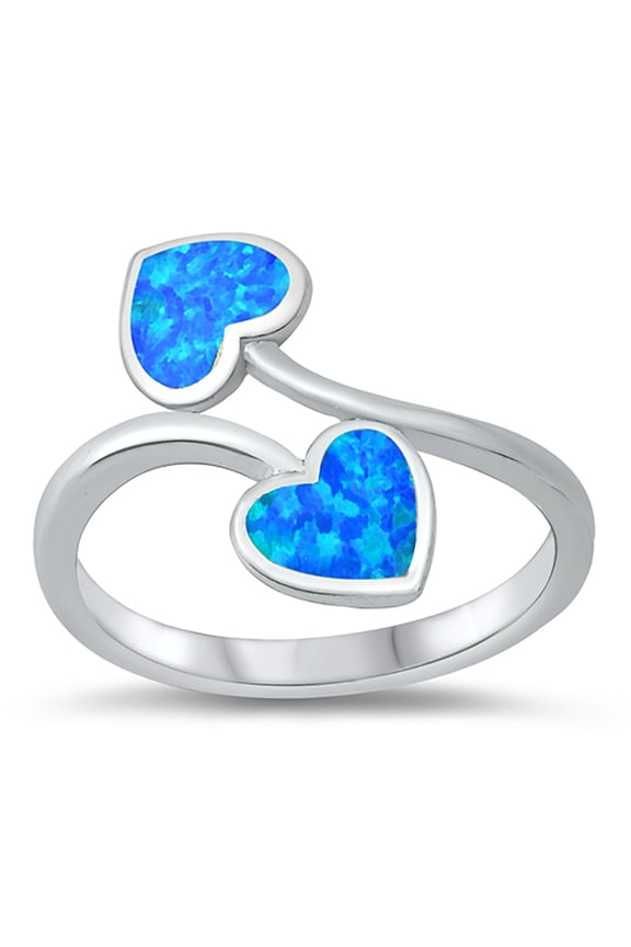 Blue Simulated Opal Overlap Twin Heart Ring Sterling Silver Size 10