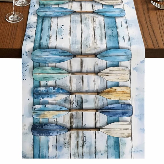 Lake Paddle Striped 120 Inch Table Runner, Watercolor Vintage Wood Grain Farmhouse Dresser Scarf Cotton & Linen Tablerunner for Dining/Kitchen Island/Holiday Party Décor 13" x 120"
