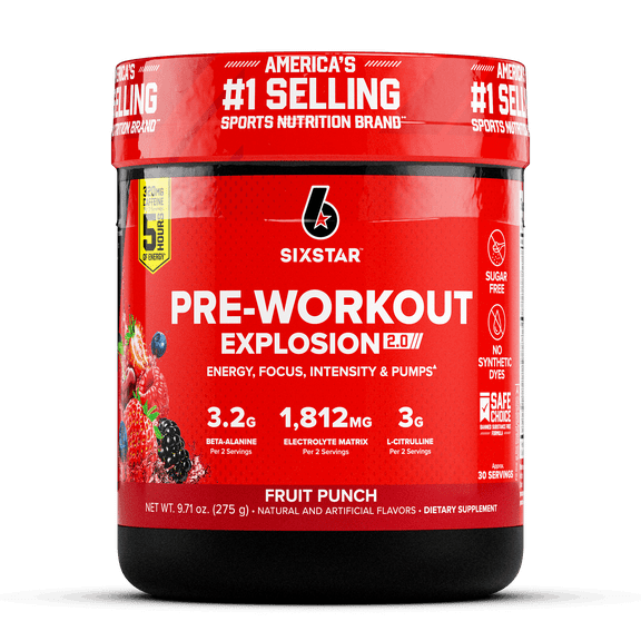 Six Star Pro Nutrition Pre-Workout Powder Explosion 2.0 Electrolyte Matrix, Fruit Punch, 9.71 oz