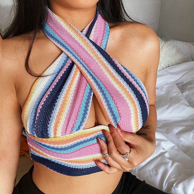 Haut Croisé en Tricot Moulant Aguichant Sans Manches à Rayures Colorées pour Femmes