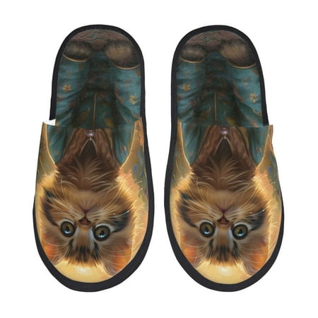 Balery Sunflower Meditating Cat Slient Indoor Furry Fleece Comfort House Shoes Soft Non-Slip Home Shoes Cotton slippers House Slippers-- Medium