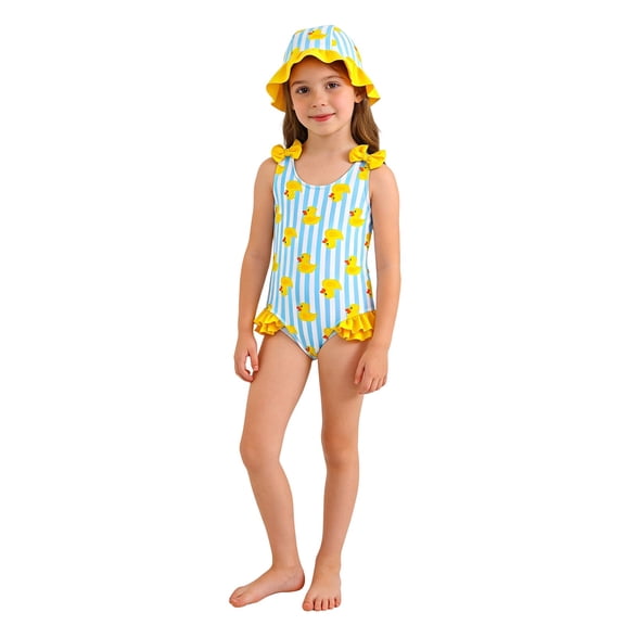 Tiijoy Girls One-Piece Swimsuit Cute Print Quick Dry Bathing Suit with Hat, Sizes 4-8