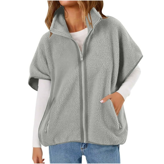 Wyobmus Women's Fall Winter Fleece Vest Full Zip Sleeveless Sherpa Jacket Fuzzy Warm Sherpa Mock Collar Teddy Coat Outerwear with Pockets Gray