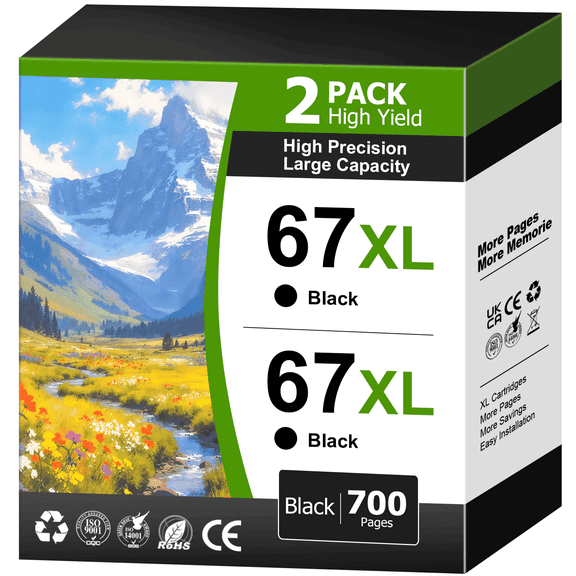 67 Black Ink Cartridge Compatible for HP 67XL Black Ink Cartridge for Deskjet 2700 2752e 2852e 2842e 4252e Envy 6000 6055e Printer (2 Pack)