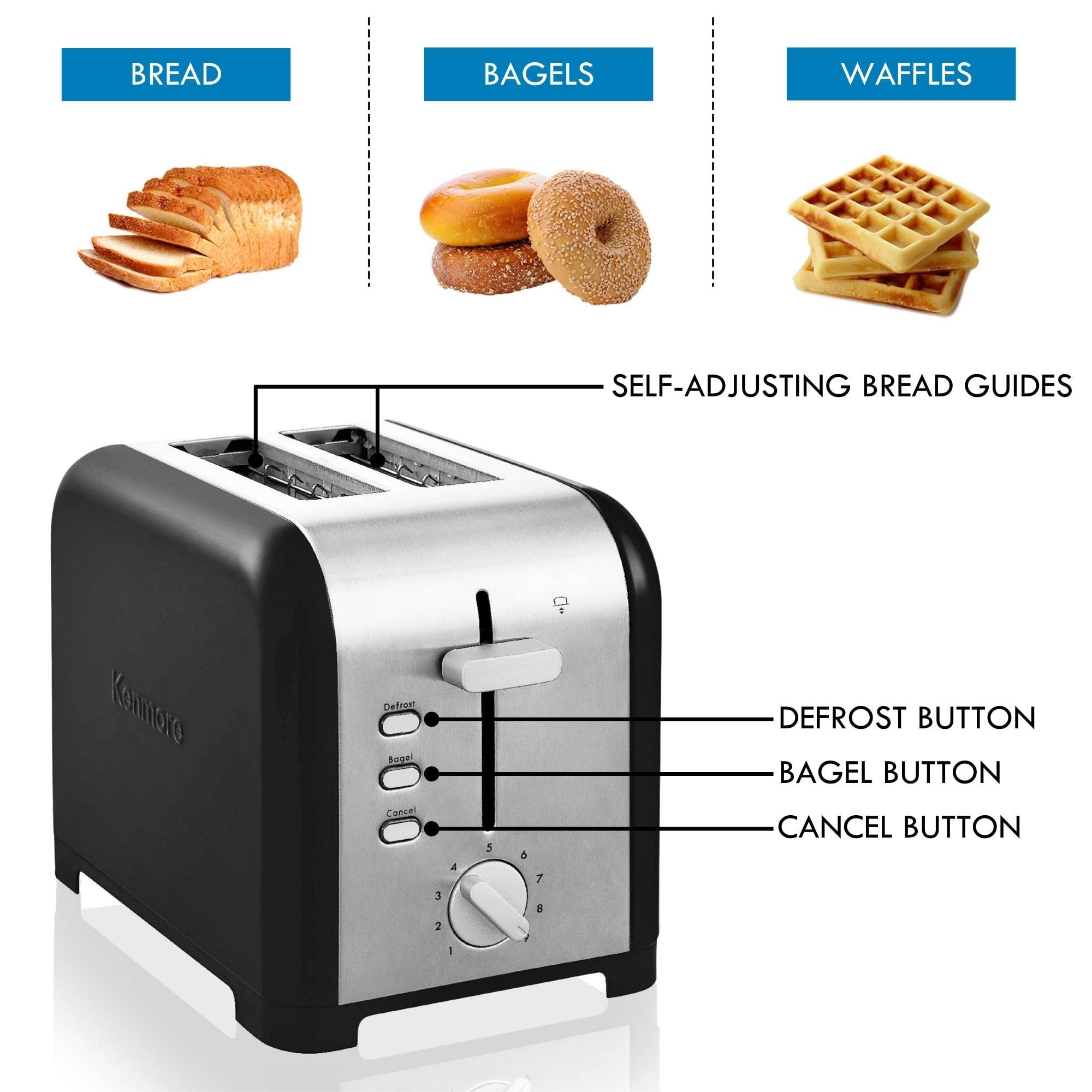 Kenmore 2-Slice Stainless Steel Toaster, Black and Silver, Extra Wide Slots, Bagel Defrost Functions, 9 Browning Levels, Removable Crumb Tray, For Bread, Toast, English Muffin, Toaster Strudel