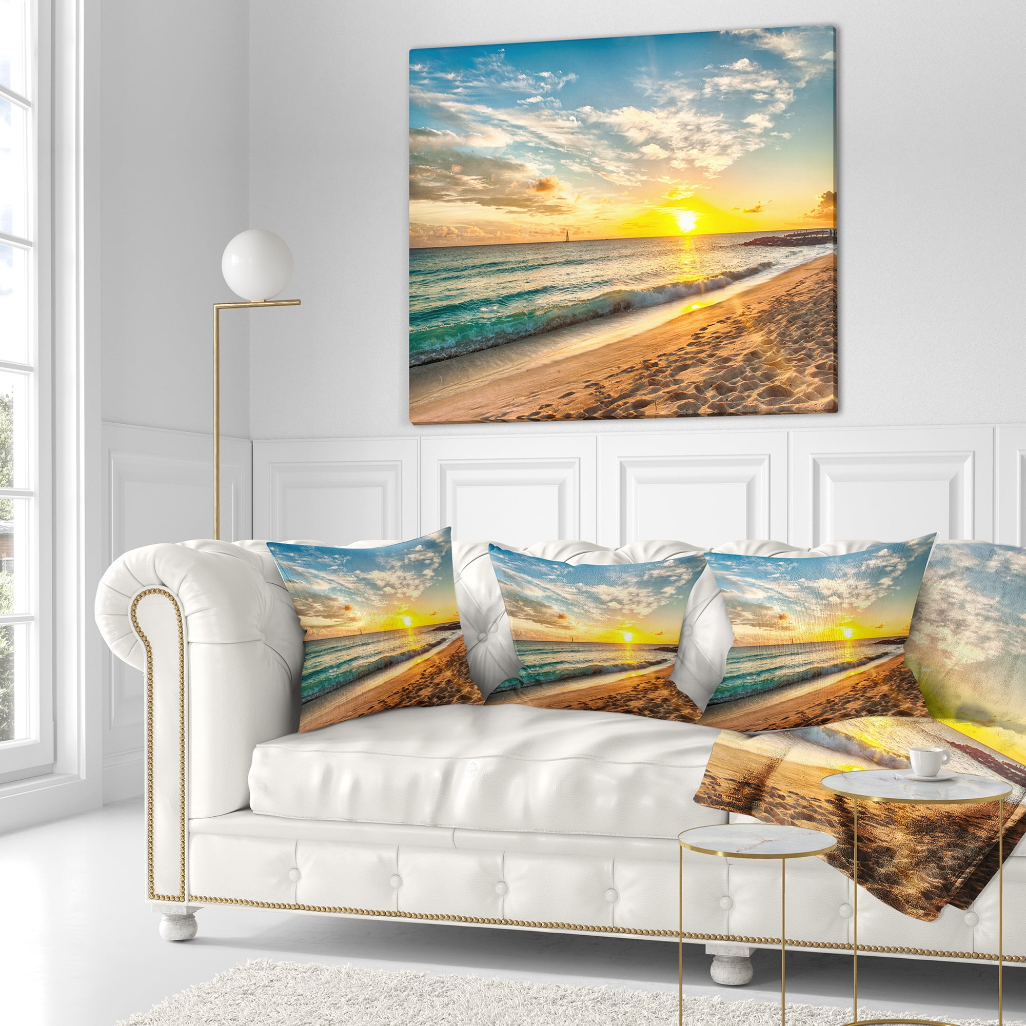 Designart White Beach in Island of Barbados - Modern Seascape Throw Pillow - 18x18