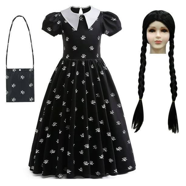 Wednesday Addams Costume Dress Bag for Kids Girls Halloween Black Uniform Dress Addams Costume